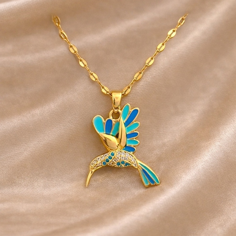 Blue Hummingbird Gold Pendant Necklace